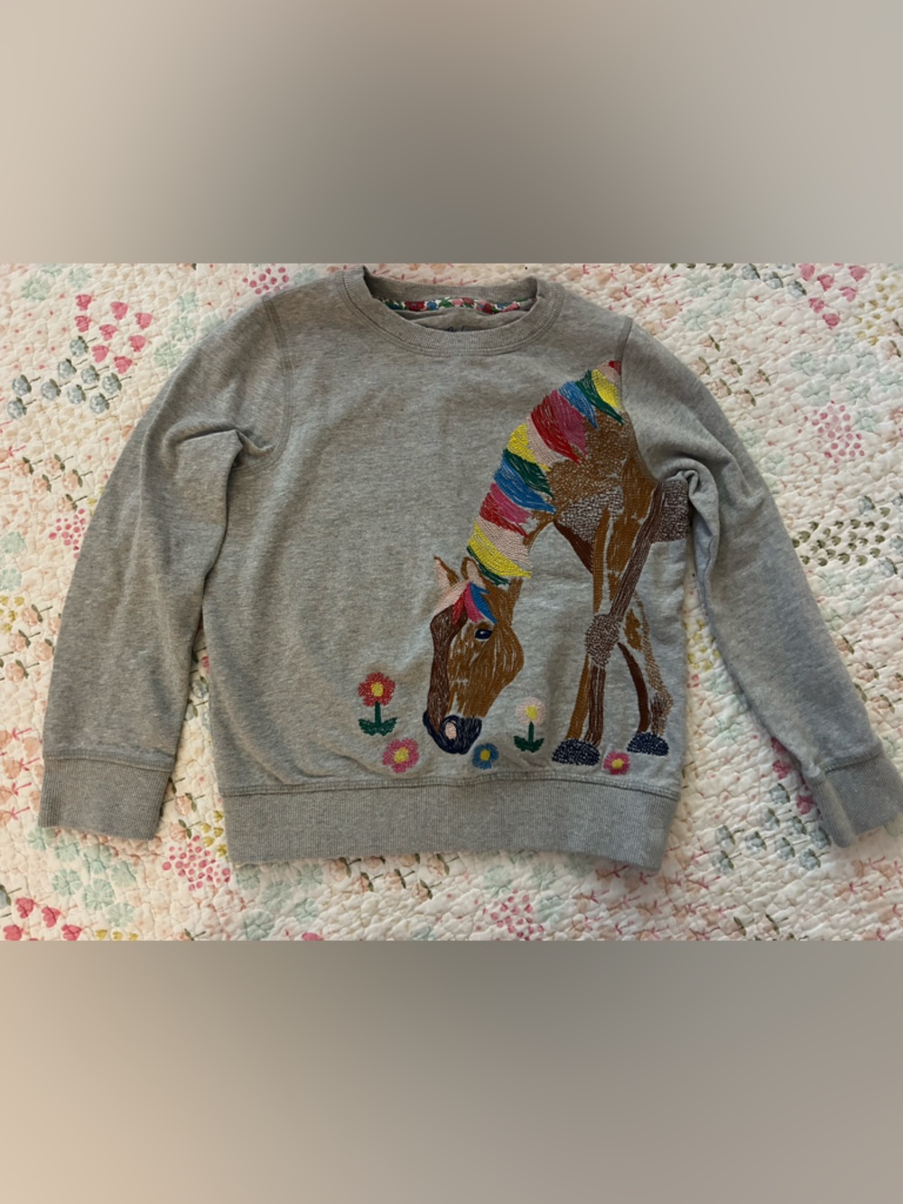 Mini Boden Gray Crewneck Sweatshirt with Colorful Horse Motif